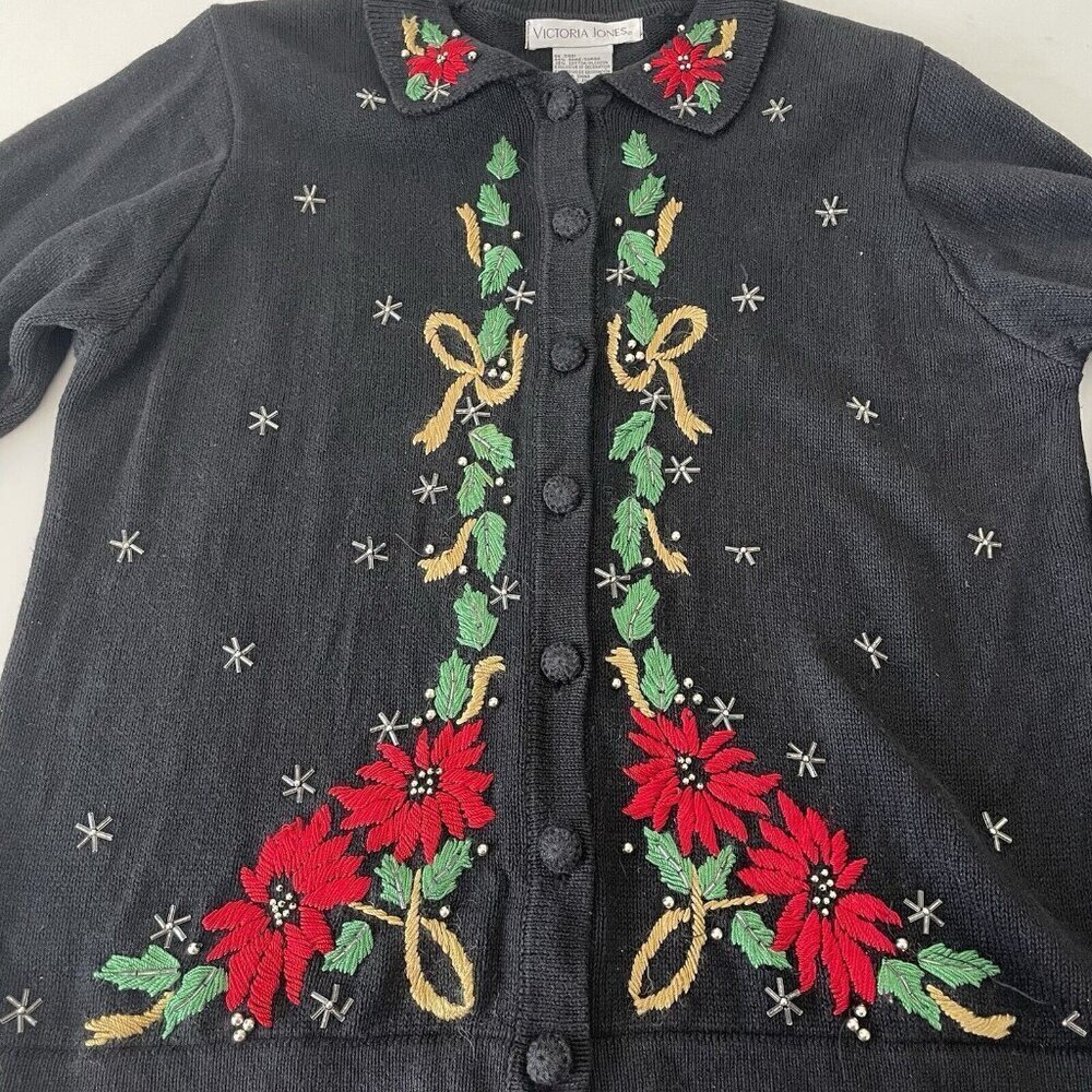 Vtg Victoria Jones Christmas Cardigan Sweater Black Embroidered Beaded Size S - Picture 7 of 10